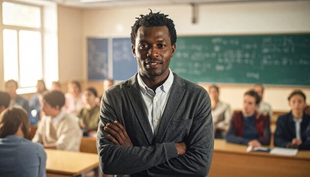 Confident Black Male Teacher Standing Proudly In Front Of Diverse Classroom Full Of Students Learning