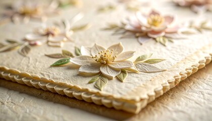 Delicate Handmade Paper Flower Embellishments on Textured Surface Elegant Crafting Stationery Background