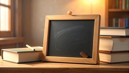 Vintage Chalkboard on Wooden Desk with Stack of Books and Pencil Warm Sunlight Education Concept