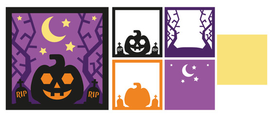 Layered paper cut Halloween night design with jack-o-lantern. 3D shadow box or tunnel card. Vector template for paper cutting