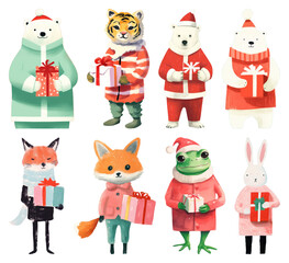 Fototapeta premium PNG Festive animals with holiday gifts, element set on transparent background