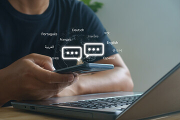 Person using a smartphone with floating chat bubbles in multiple languages, symbolizing real-time communication, translation and global interaction in digital platforms and multilingual environments.