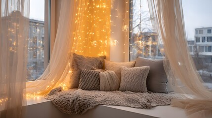 Cozy window seat arrangement features soft textiles and warm fairy lights against a muted cityscape view.