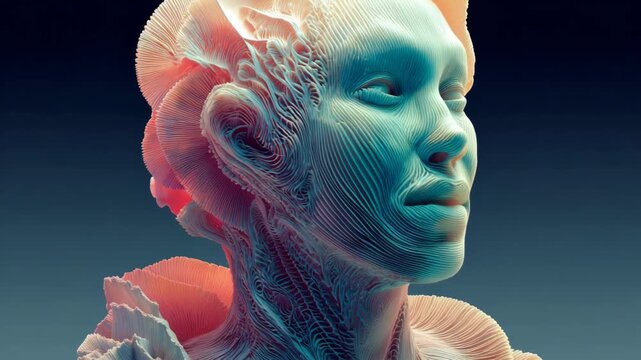 3D surreal portrait of a man sculpture with morphed layers emerging from his head, and a dreamy futuristic atmosphere.