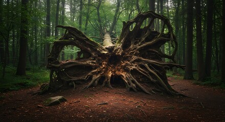 Fallen Tree Roots in Forest - A Majestic Nature Scene.