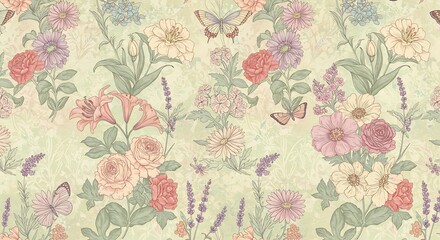 Floral Pattern with Butterflies and Roses in Pastel Colors.
