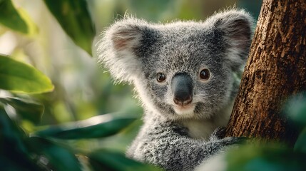 Fototapeta premium Adorable young marsupial clings to rough bark surrounded by lush foliage.