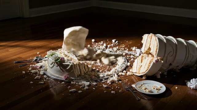 A large, ornate cake lies shattered on a wooden floor, with scattered crumbs and debris