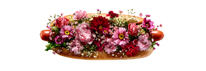 Appetizing hotdog with flowers on isolated background for designers, marketers and IT professionals. Popular illustration, object, texture. Food, flowers, natural space for text.