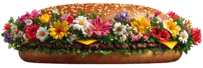 Appetizing hotdog with flowers on a transparent background for designers, marketers and IT professionals. Popular illustration, object, texture. Food, flowers, natural space for text.