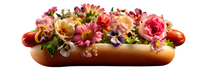 Appetizing hotdog with flowers on a transparent background for designers, marketers and IT professionals. Popular illustration, object, texture. Food, flowers, natural space for text.