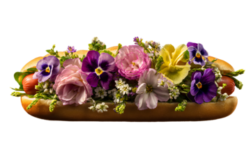 Appetizing hotdog with flowers on a transparent background for designers, marketers and IT professionals. Popular illustration, object, texture. Food, flowers, natural space for text.