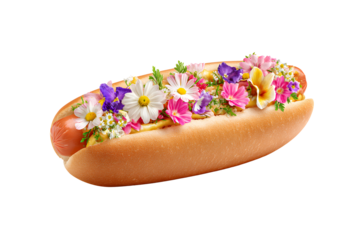 Appetizing hotdog with flowers on a transparent background for designers, marketers and IT professionals. Popular illustration, object, texture. Food, flowers, natural space for text.