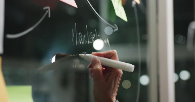 Glass wall, writing or person in office at night, campaign or audience targeting in brainstorming. Sticky note, bokeh or marketing strategist in agency with mind map, planning or ideas on late shift.