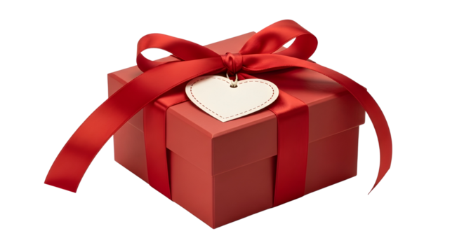 Red gift box tied with a bow and heart-shaped tag isolated PNG with Transparent Background
