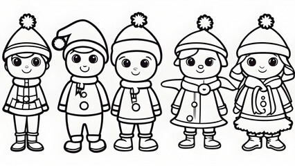 Cute, oversized-eyed animals dressed as Santa, elves, or snowmen black and white doodle art