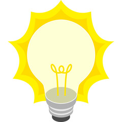 Bright idea concept illustrated by a glowing incandescent light bulb with a radiating yellow sunburst effect on a transparent background symbolizing innovation and creativity