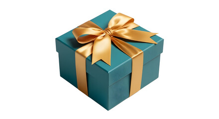 Fototapeta premium Teal gift box tied with golden ribbon isolated PNG with Transparent Background