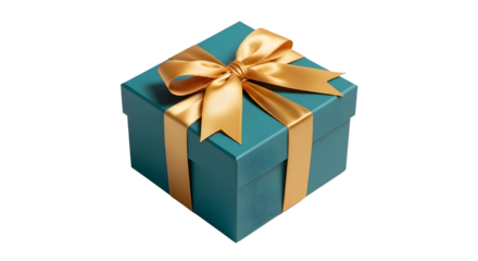 Teal gift box tied with golden ribbon isolated PNG with Transparent Background