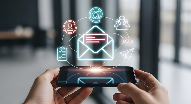 Digital communication concept with glowing email and security icons over smartphone - Powered by Adobe