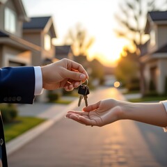 Friendly Handshake in Residential Neighborhood at Sunset