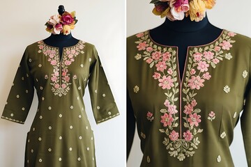 Elegant Olive Green Kurti with Delicate Floral Embroidery for a Sophisticated and Stylish Look