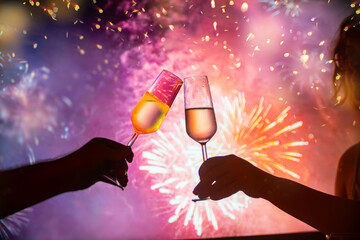 two glasses of champagne clink against the backdrop of New Year's fireworks