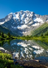 Fototapeta premium Majestic mountain reflected in serene lake under clear blue sky.