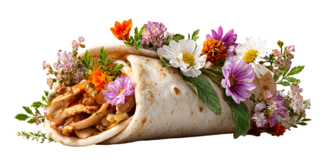 Appetizing shawarma with flowers on a transparent background for designers, marketers and IT professionals. Popular illustration, object, texture. Food, flowers, natural space for text.