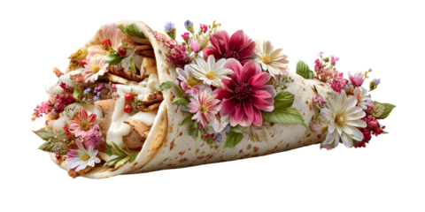 Appetizing shawarma with flowers on a transparent background for designers, marketers and IT professionals. Popular illustration, object, texture. Food, flowers, natural space for text.