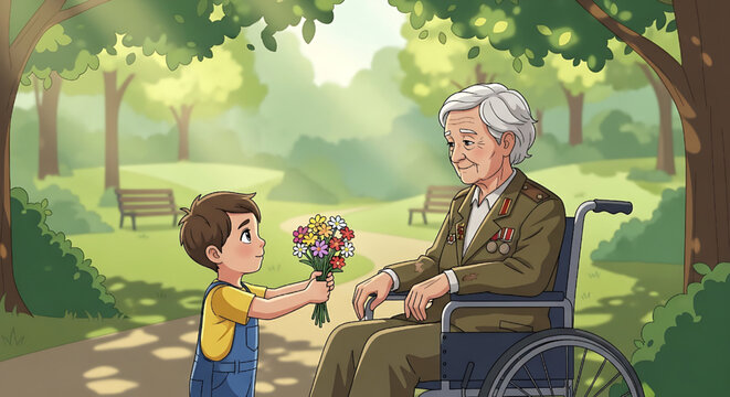 Grandfather in Wheelchair Receives Flowers from Grandson in Park Illustration
