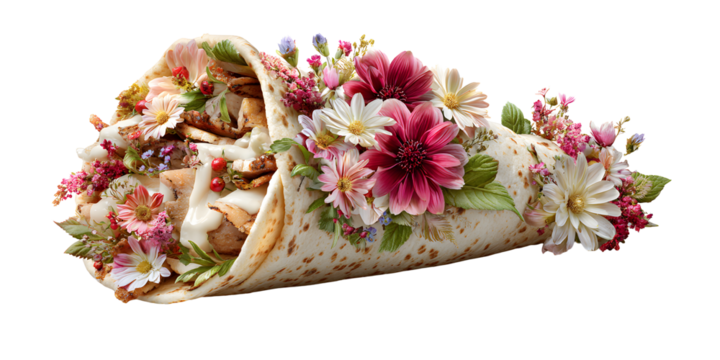 Appetizing shawarma with flowers on a transparent background for designers, marketers and IT professionals. Popular illustration, object, texture. Food, flowers, natural space for text.