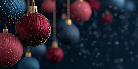 Obraz premium Colorful Christmas ornaments hanging against a dark background with soft snowfall creating a festive holiday atmosphere