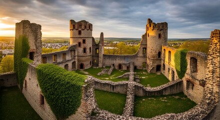 Majestic Medieval Castle Ruins at Sunset with Lush Greenery.