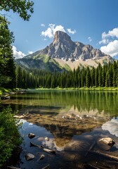 Majestic Mountain Peak Reflected in Serene Lake with Lush Green Forest.