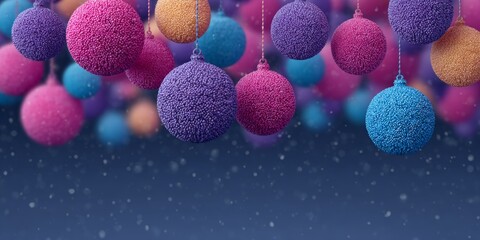 Colorful ornaments hang gracefully against a dark background, creating a festive atmosphere during winter celebrations