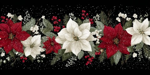 Beautiful winter floral arrangement featuring red and white poinsettias on a dark background
