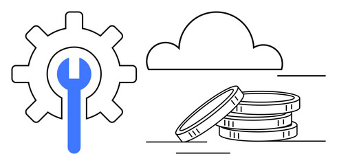 Gear with wrench symbolizing cloud technology setup and maintenance, cloud outline for online services, and coin stack reflecting financial management. Ideal for IT infrastructure, networking, cost