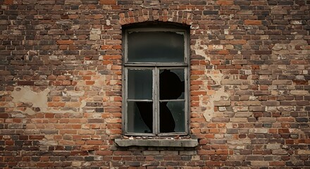 Old brick wall with a broken window pane.