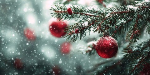 Sparkling red ornaments hang on snowy evergreen branches during a peaceful winter scene