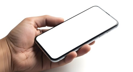 A close-up of an Asian hand holding a smartphone with a blank white screen, perfect for mockups, design presentations, or technology concepts.