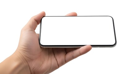 A close-up of an Asian hand holding a smartphone with a blank white screen, perfect for mockups, design presentations, or technology concepts.