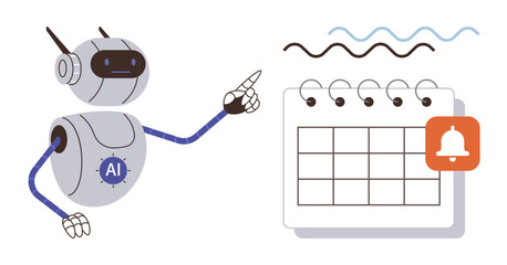 Robot labeled AI pointing at a spiral calendar with notification alert. Ideal for technology, scheduling, automation, reminders, productivity, planning, and digital tools. Simple flat metaphor