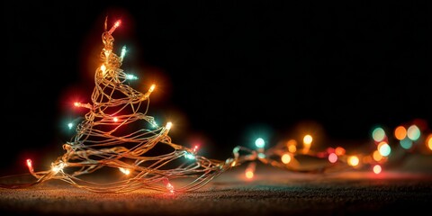 Creative wire Christmas tree with colorful lights close up on a dark background