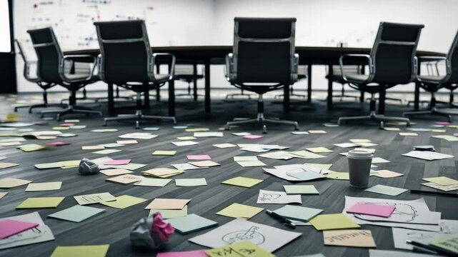 A messy office conference room floor littered with papers, notes, and a coffee cup