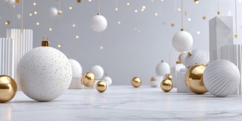 Elegant white and gold Christmas decorations create a festive atmosphere in a modern setting
