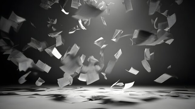 Numerous sheets of paper cascade downward within a dimly lit environment.