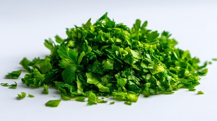 Obraz premium Chopped fresh green herb forms a small pile on a bright white surface