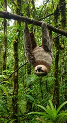 Sloth hanging upside down on a tree branch in a lush green forest.