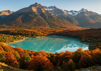 Stunning Autumn Landscape with Turquoise Lake and Majestic Mountains.